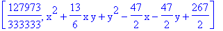 [127973/333333, x^2+13/6*x*y+y^2-47/2*x-47/2*y+267/2]